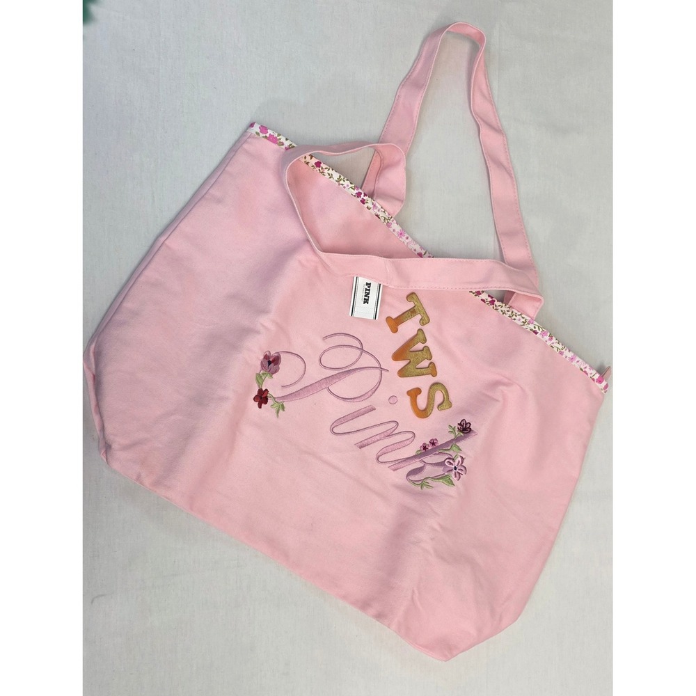 Victorias Secret PINK Floral Embroidered Canvas Tote Bag Pink Zip Top NWT - Picture 6 of 8
